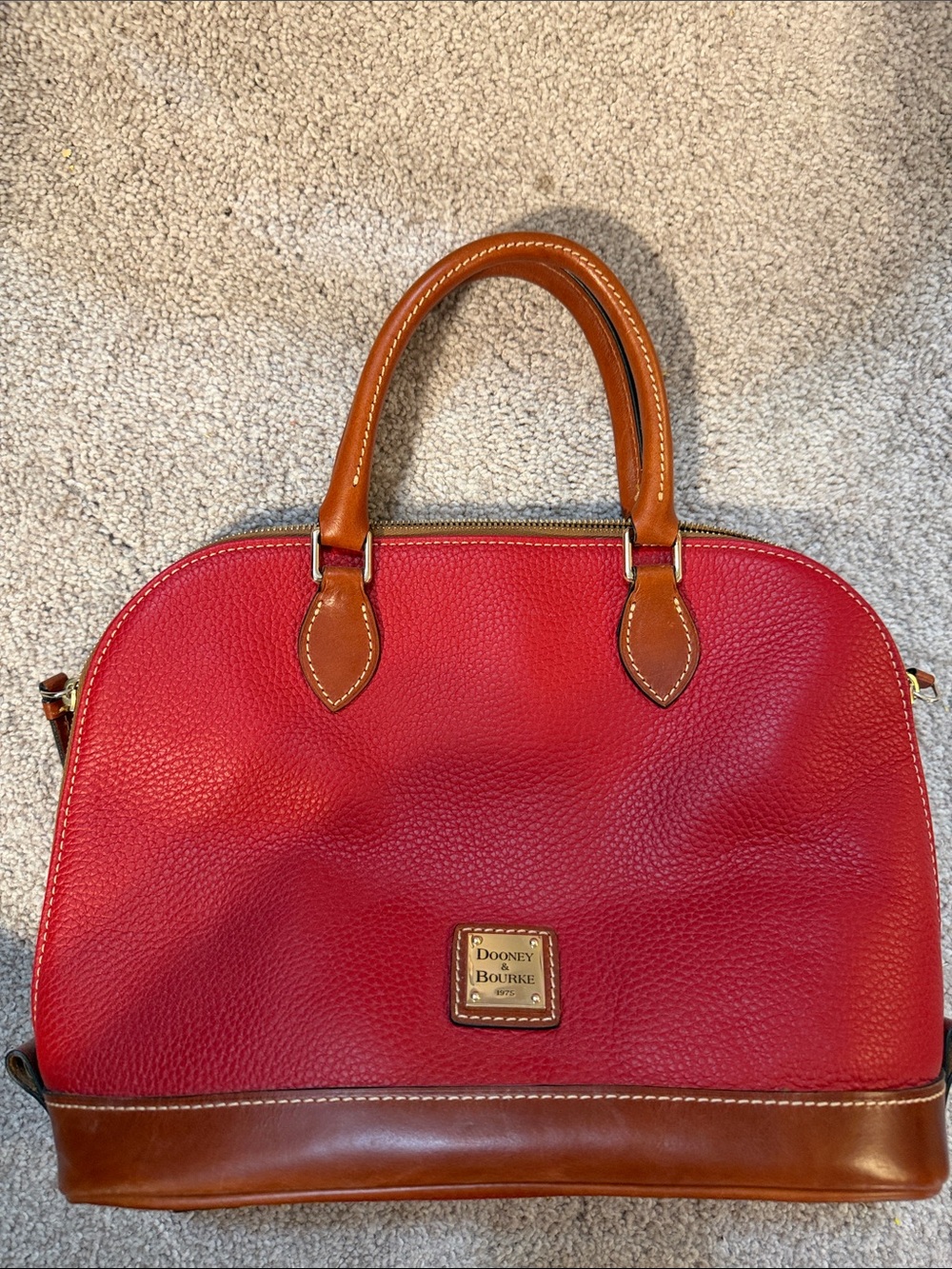 Dooney & Bourke Red Leather Dome Satchel with Brown Trim and Handles
